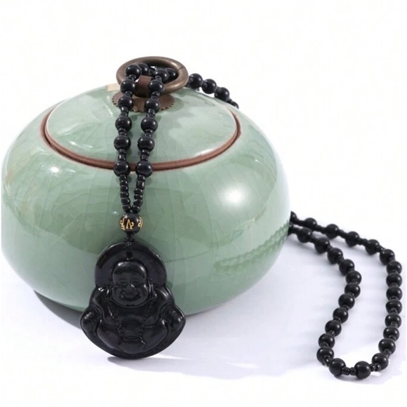 Obsidian Stone Buddha Beads Chain Necklace Jade Buddhism - Picture 2 of 5